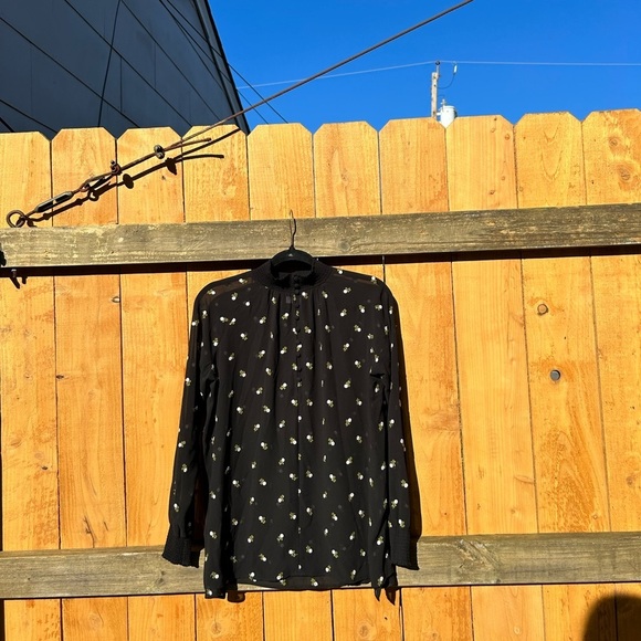 Cabi Floral Embroidered Smocked Neck Long‎ Sleeve Sheer Blouse, Xxs Oversized - Picture 1 of 10